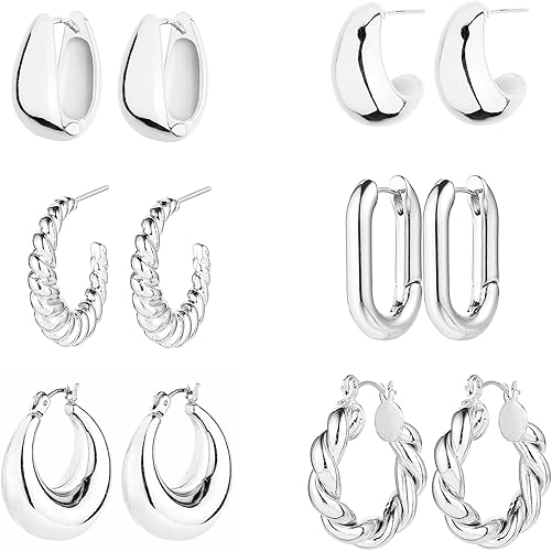 6 pcs Hoop Earrings for Women Lightweight Chunky Hoop Earrings Multipack Hypoallergenic, Thick Open Twisted Huggie Hoops Earring Set