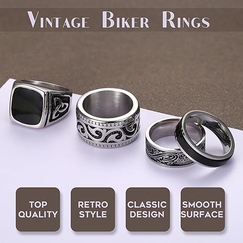 Jstyle 4Pcs Stainless Steel Vintage Signet Rings for Men Biker Rings
