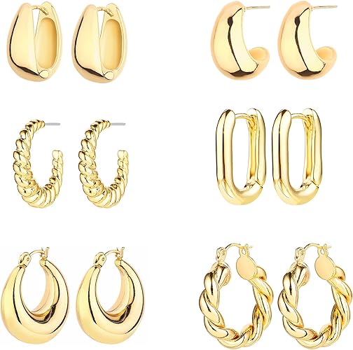 6 pcs Hoop Earrings for Women Lightweight Chunky Hoop Earrings Multipack Hypoallergenic, Thick Open Twisted Huggie Hoops Earring Set