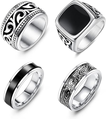 Jstyle 4Pcs Stainless Steel Vintage Signet Rings for Men Biker Rings